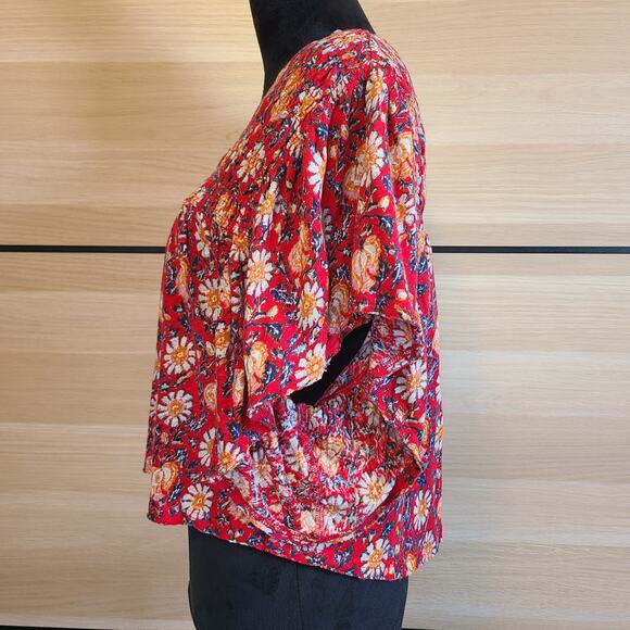 Free People Ruffles Up Shirt Women L Floral Linen Blend Crop Flutter Sleeve Boho - Picture 2 of 11